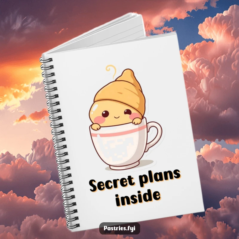 Funny blushing croissant character peeking from behind a steaming coffee cup, on the cover of a lined notebook, perfect for jotting down sweet inspirations.