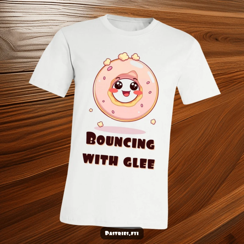 Funny t-shirt with a giggling donut hole character captured mid-bounce, looking joyful and energetic like popcorn.