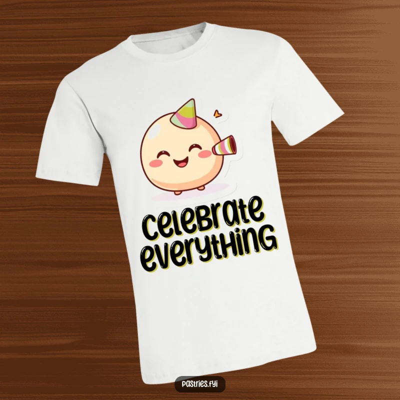 Funny T-Shirt showing a giggling macaroon with a wide smile, actively blowing a small party horn.