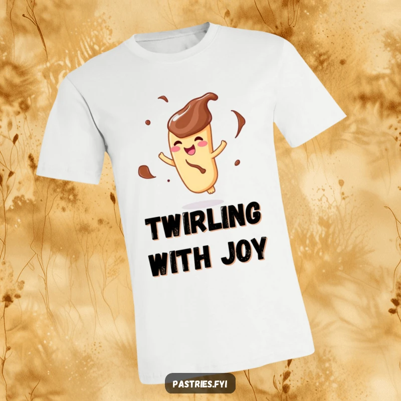 Funny t-shirt showcasing a delighted churro character, coated in chocolate, gleefully spinning with pure joy.