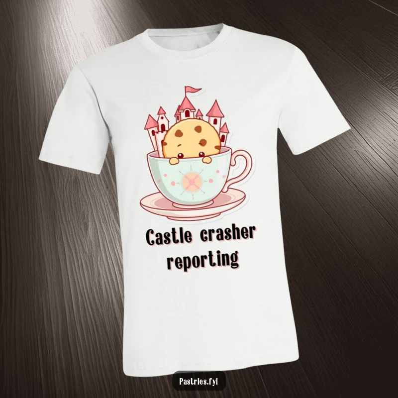 Funny Cookie T-Shirt: A curious cookie character is seen peeking from inside a massive teacup castle.