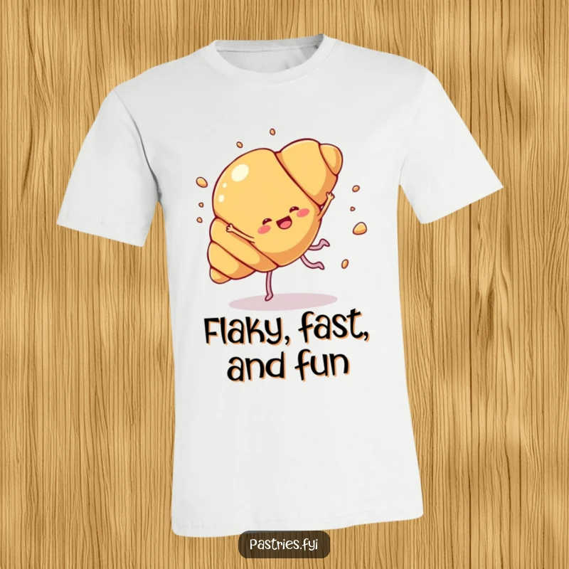Funny croissant t-shirt depicting a croissant character with legs joyfully doing a cartwheel, with pastry flakes flying, for those who love baking.