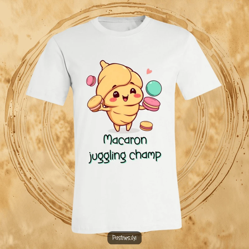 Funny t-shirt with a happy croissant character, grinning mischievously while juggling an assortment of colorful macarons.