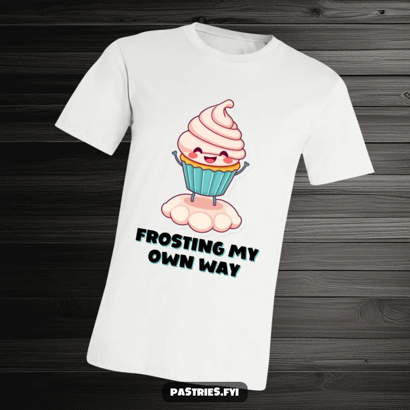 Funny smiling cupcake character happily bouncing on its frosting, featured on a comfortable graphic t-shirt.