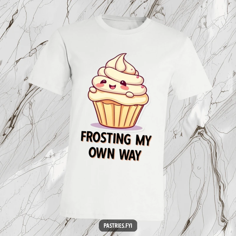 Funny t-shirt featuring a giggling cupcake character gleefully sliding down a generous swirl of frosting, a delightful and funny gift.