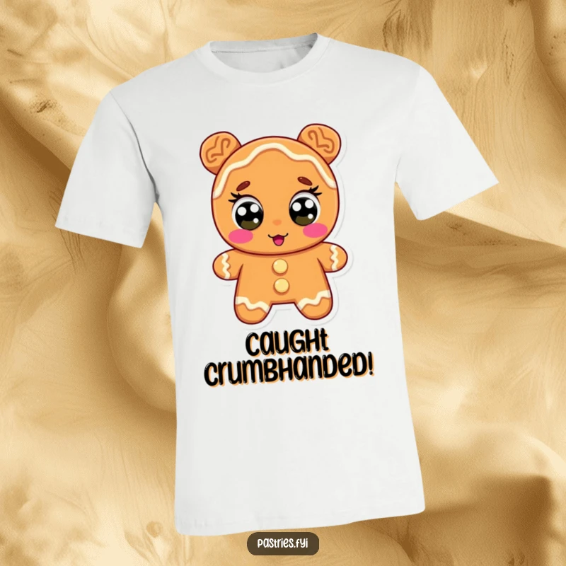 Funny t-shirt with a surprised gingerbread cookie character, icing eyes wide, looking shocked and comical, an ideal silly gift.
