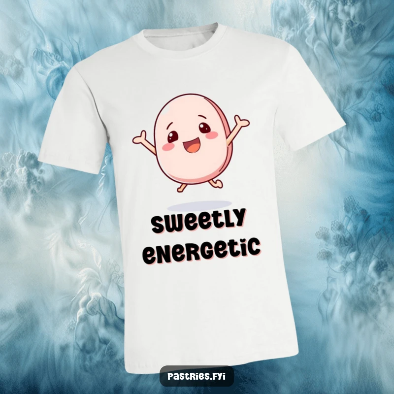 Funny t-shirt showcasing a happy macaron character in mid-bounce, bursting with excitement.