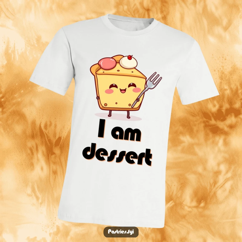 Funny pie slice character t-shirt, giggling joyfully with a fork piercing its side, a hilarious and relatable dessert design.