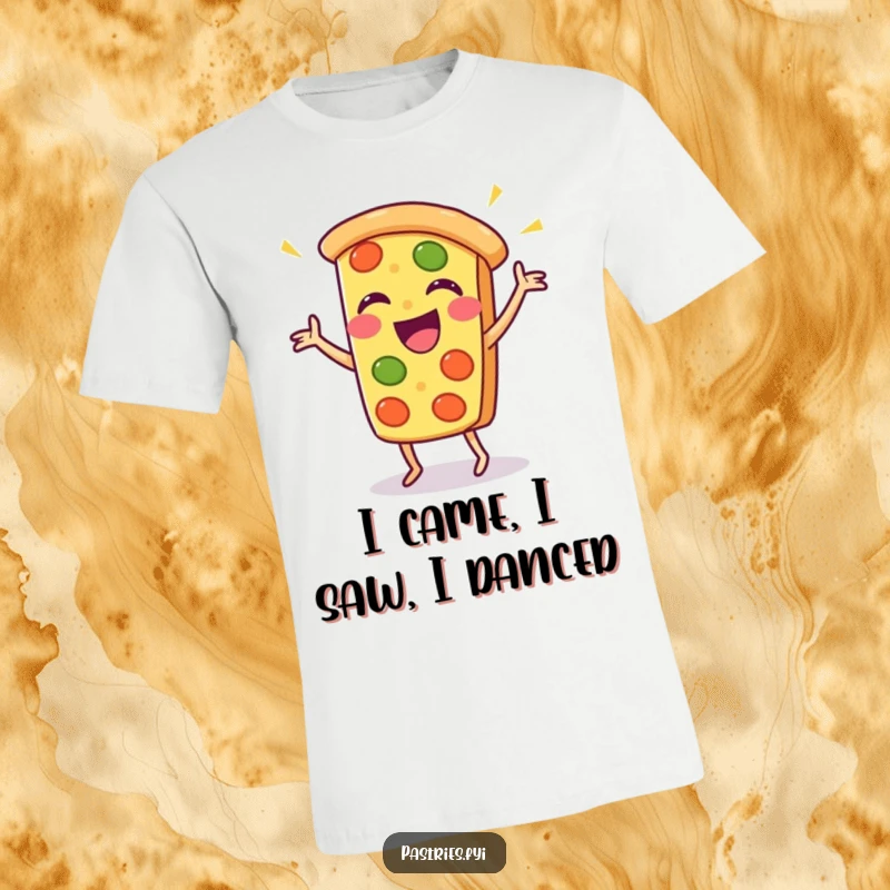 Funny pizza slice t-shirt featuring a Kawaii character in a silly, energetic dance pose, bursting with joy.
