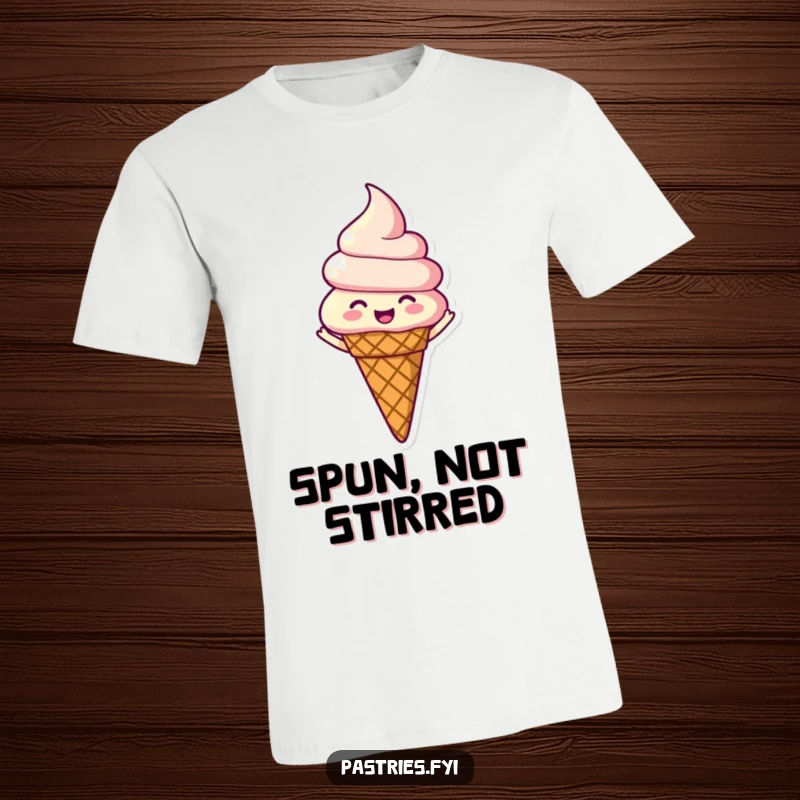 Funny t-shirt graphic of a happy ice cream cone character spinning rapidly with a look of pure, blissful enjoyment.