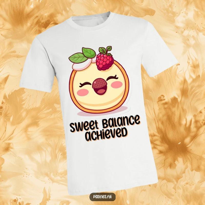Funny t-shirt showcasing a cheerful tart character winking and balancing a raspberry on its nose with comedic flair.