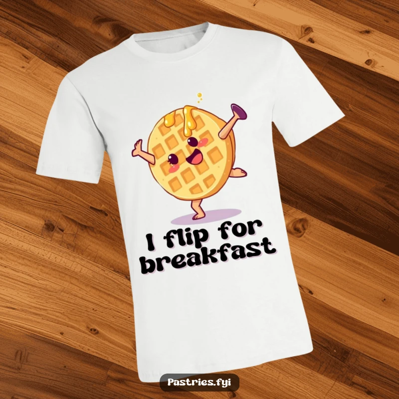 Funny waffle t-shirt with a cartwheeling character dripping syrup, celebrating playful energy and breakfast fun.