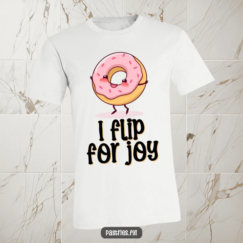 Funny T-Shirt showing a delighted donut with small legs doing a mid-air, happy cartwheel.