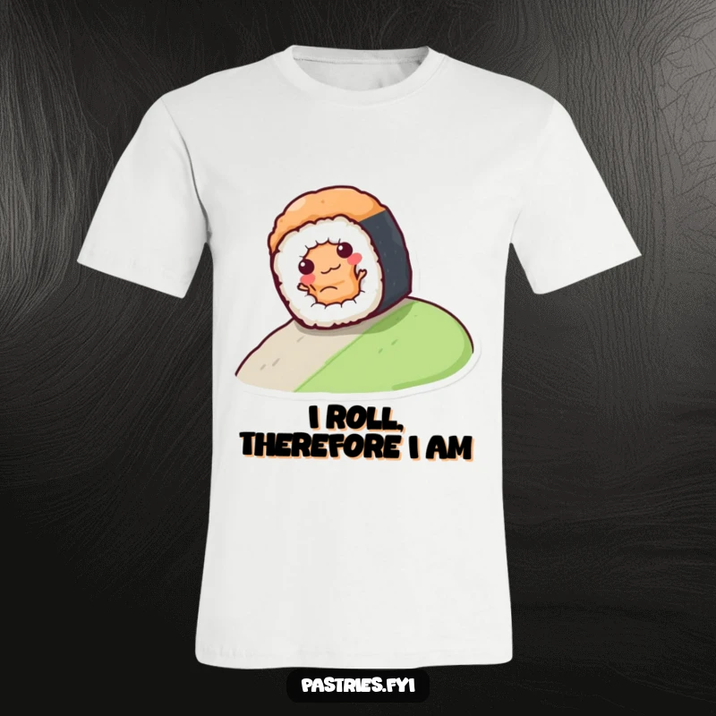 Funny sushi roll character joyfully rolling down a hill, depicted on a comfortable t-shirt, perfect for casual wear.