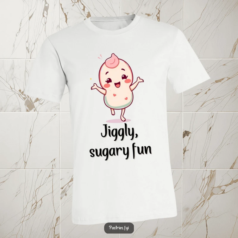Funny t-shirt graphic of a happy candy character performing a lively, silly jig with its arms and legs flailing joyfully.