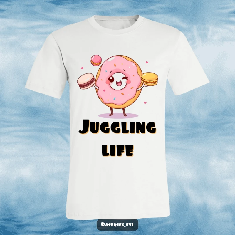 Funny t-shirt with a winking donut character expertly juggling three colorful macarons, looking confident and joyful.