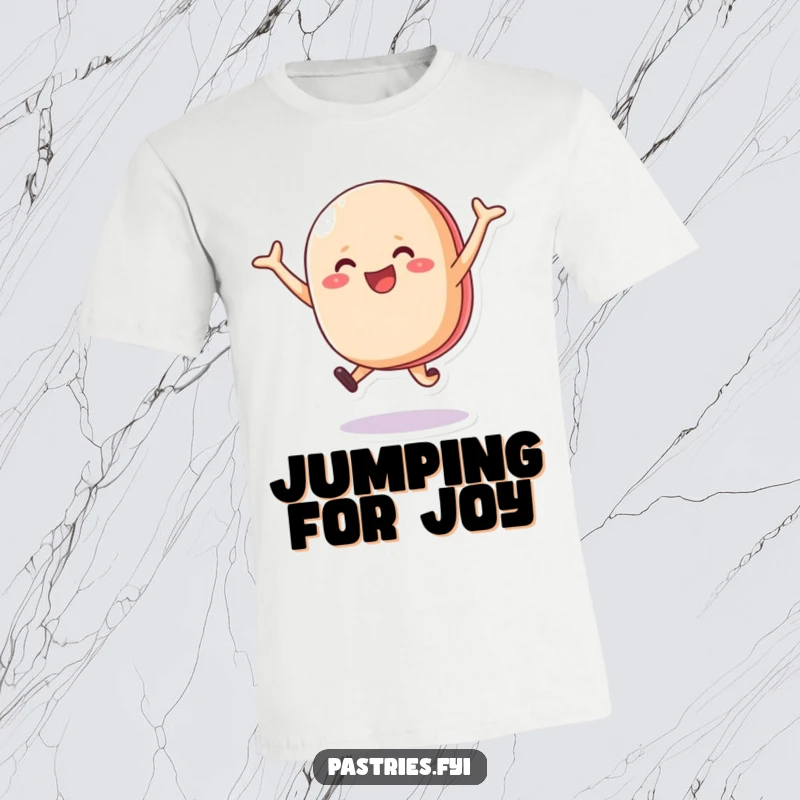 Funny, happy macaron character captured mid-leap with pure delight on this comfortable graphic t-shirt.