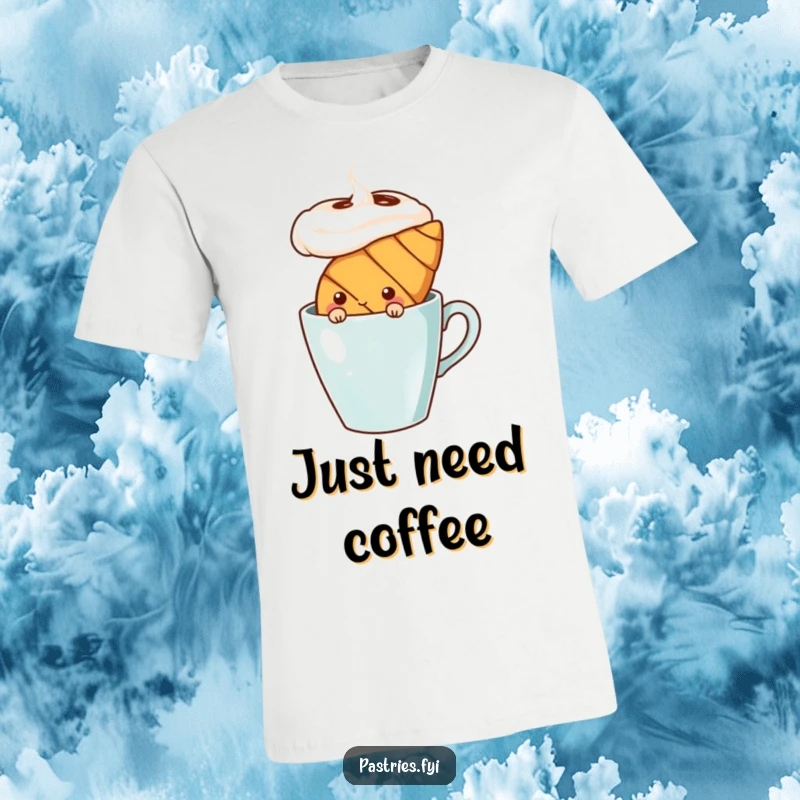 Funny shy croissant character peeking from behind a large coffee cup, printed on a t-shirt. A relatable and humorous design.
