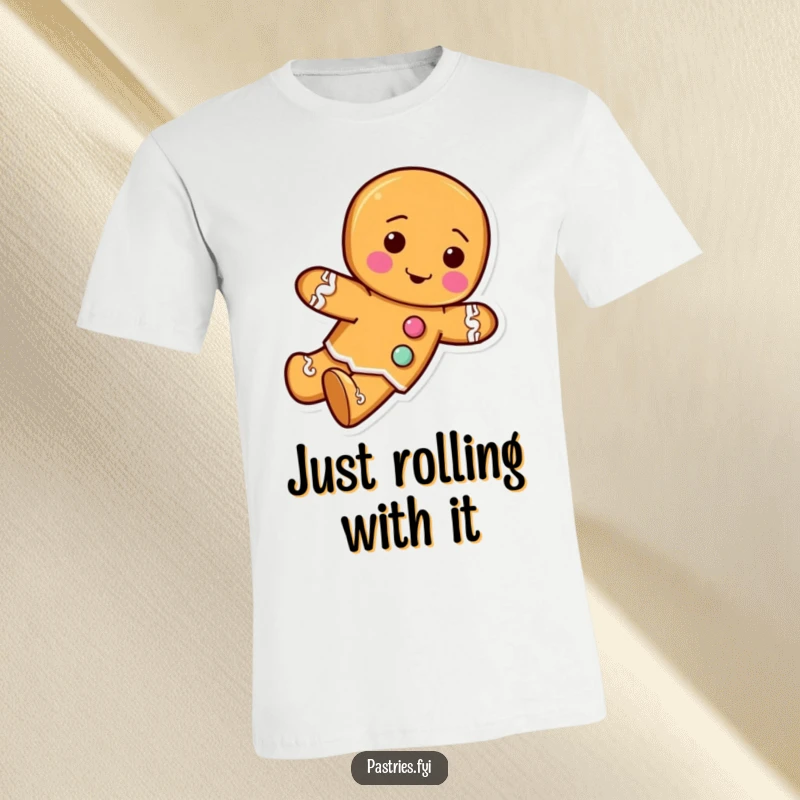Funny t-shirt graphic of a gingerbread man character with frosting buttons, depicted mid-roll with a cheerful, tumbling motion.