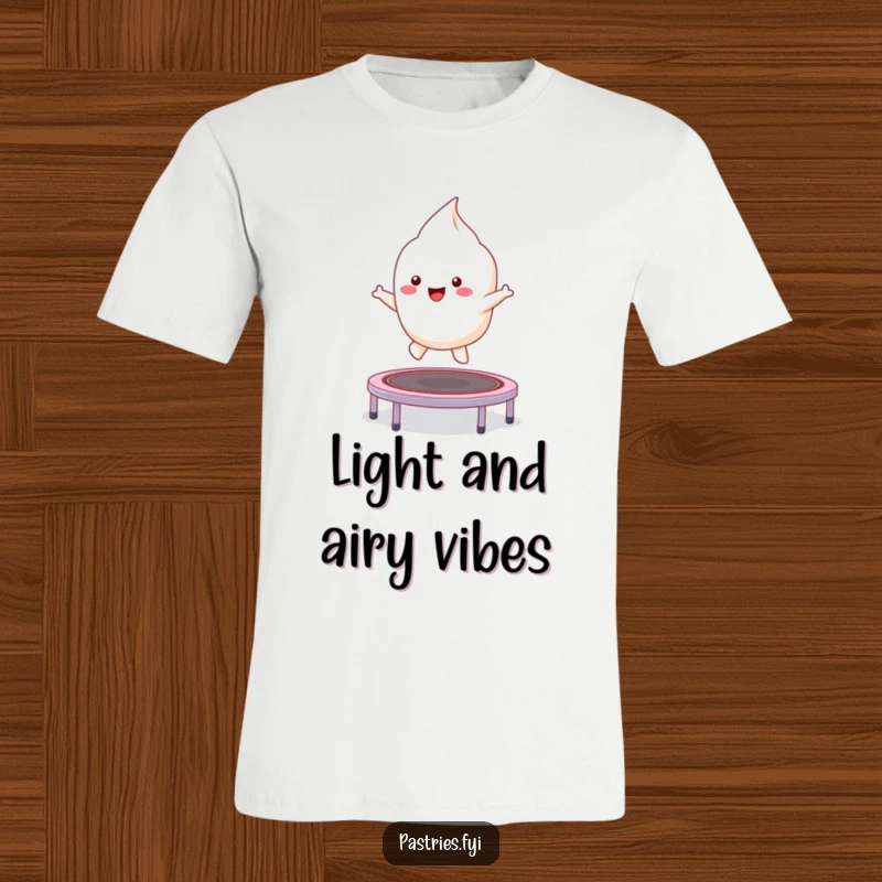 Funny kawaii meringue character energetically bouncing on a tiny trampoline, a humorous and adorable t-shirt.