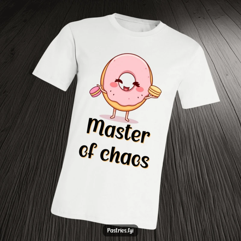 Funny T-Shirt: A winking donut character attempting to juggle three tiny macarons, with a mischievous and skillful expression.