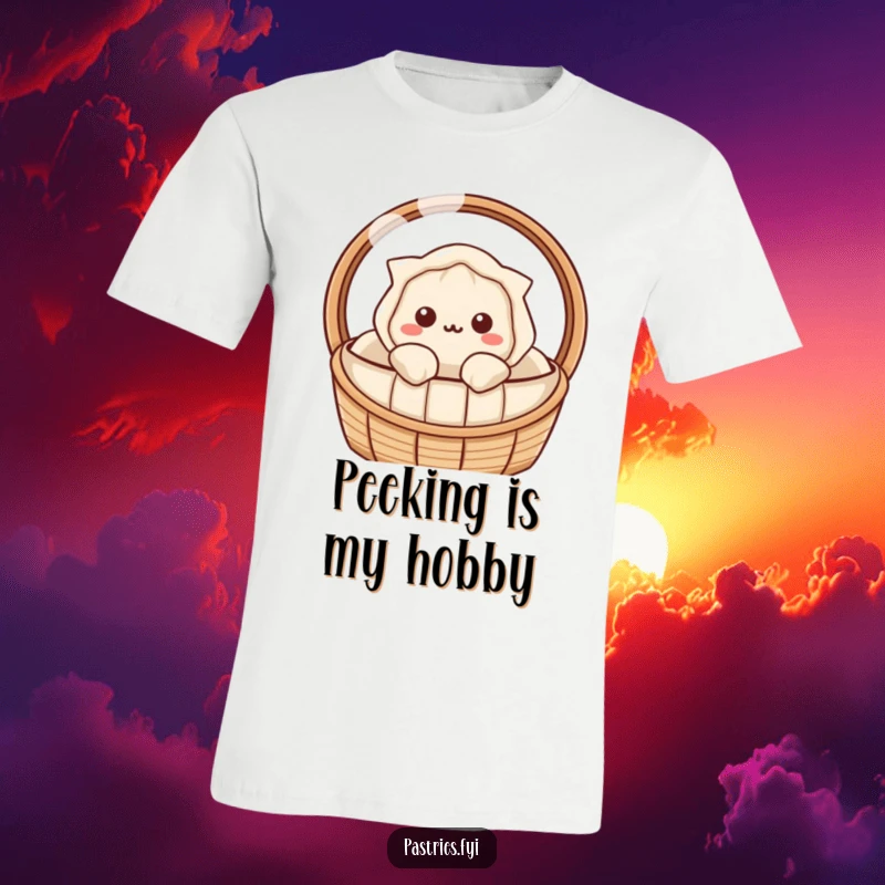 Funny dumpling t-shirt with a Kawaii character curiously peeking from a steaming basket, full of playful intrigue.