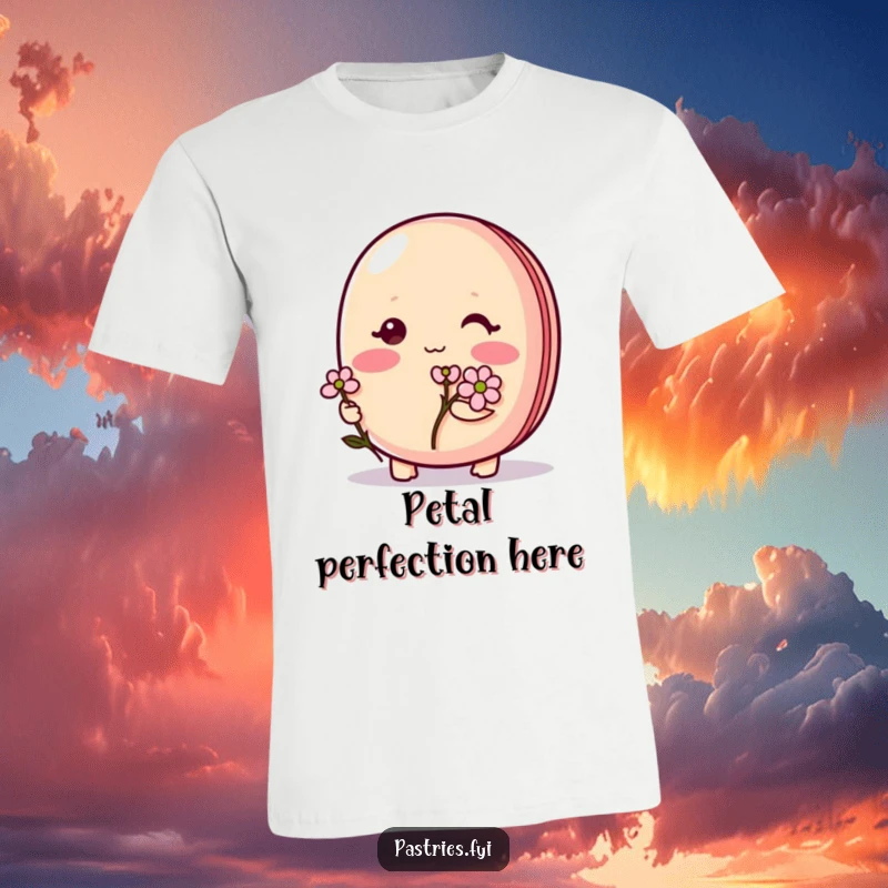 Funny Macaron T-Shirt: An adorably shy macaron character blushing deeply while tenderly holding a single tiny flower.