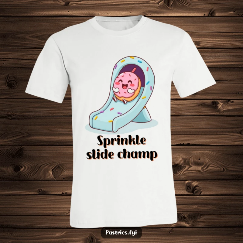 Funny t-shirt showing a cheerful donut character giggling as it slides down a colorful slide made of sprinkles.