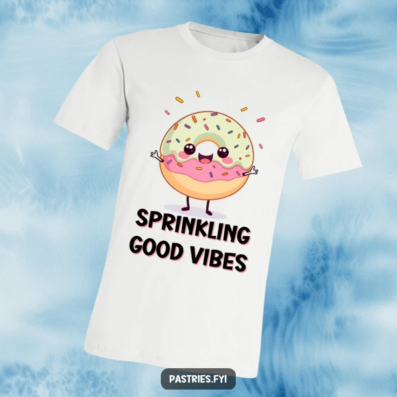Funny t-shirt depicting a happy donut character juggling a rainbow of sprinkles, celebrating sweet treats with humor.