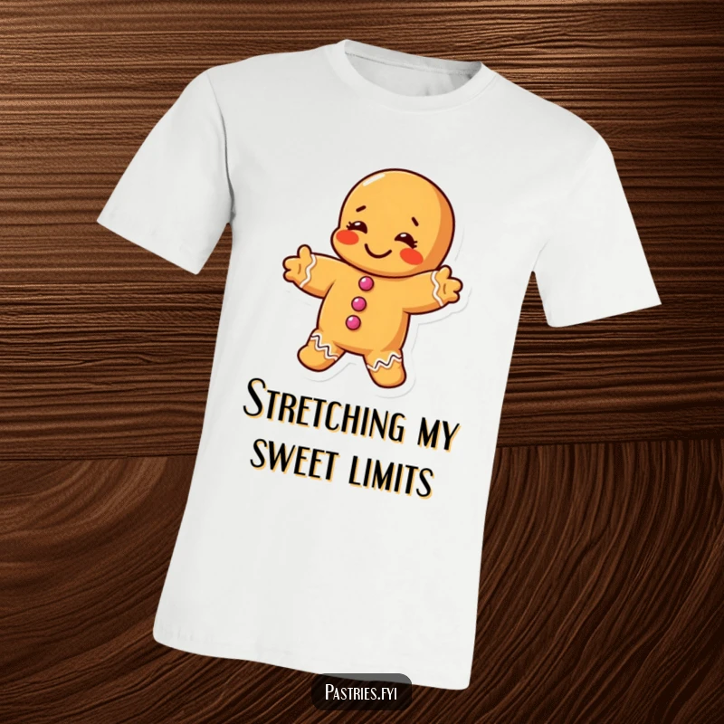 Funny t-shirt featuring a chubby gingerbread man character doing a very silly, exaggerated stretch, full of playful energy.