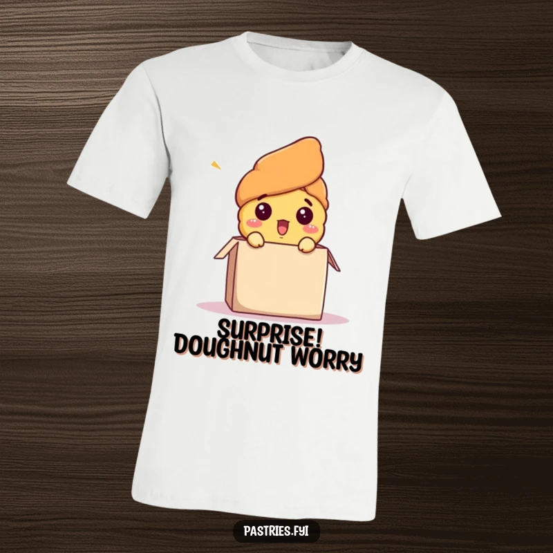 Funny t-shirt printing a surprised croissant character dramatically popping out of a box, ready for an adventure, great funny gift.