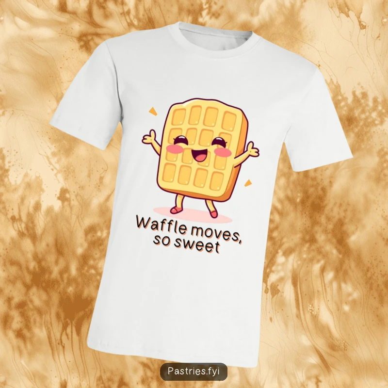 Funny t-shirt featuring a delighted waffle character enthusiastically doing a happy little dance, radiating pure breakfast joy.