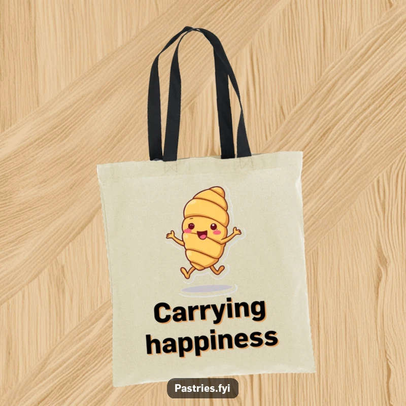 Funny tote bag with a cheerful croissant character doing a joyful little hop, perfect for carrying essentials with a smile.