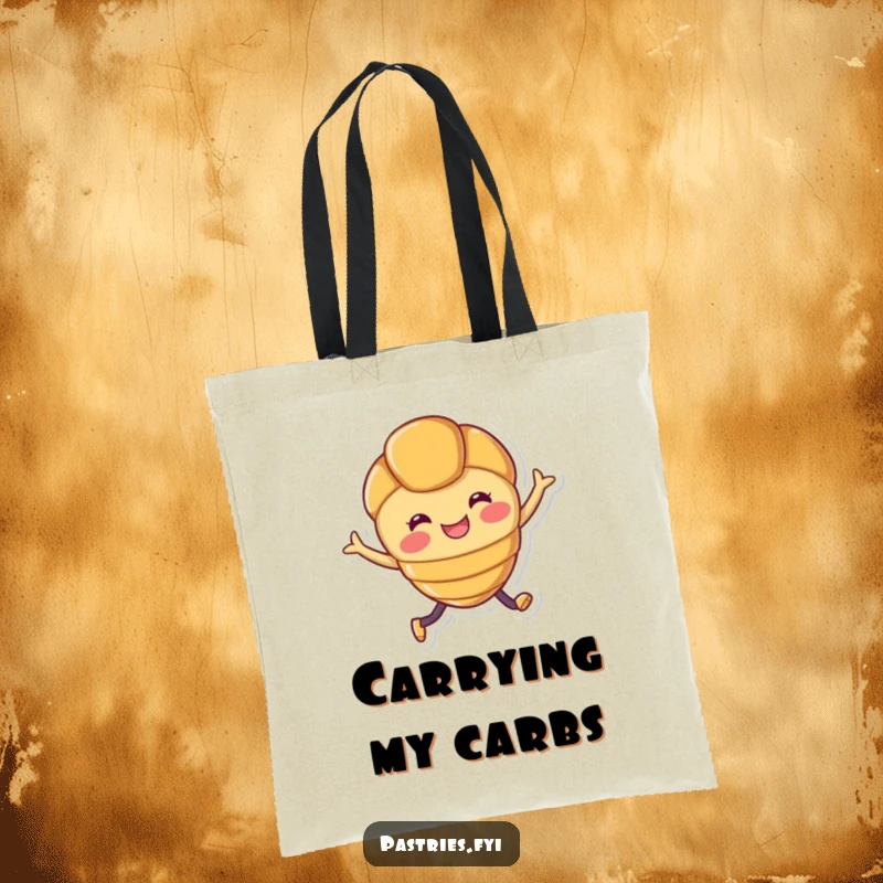 Funny tote bag featuring a smiling croissant character with legs joyfully leaping, ideal for grocery or everyday use.