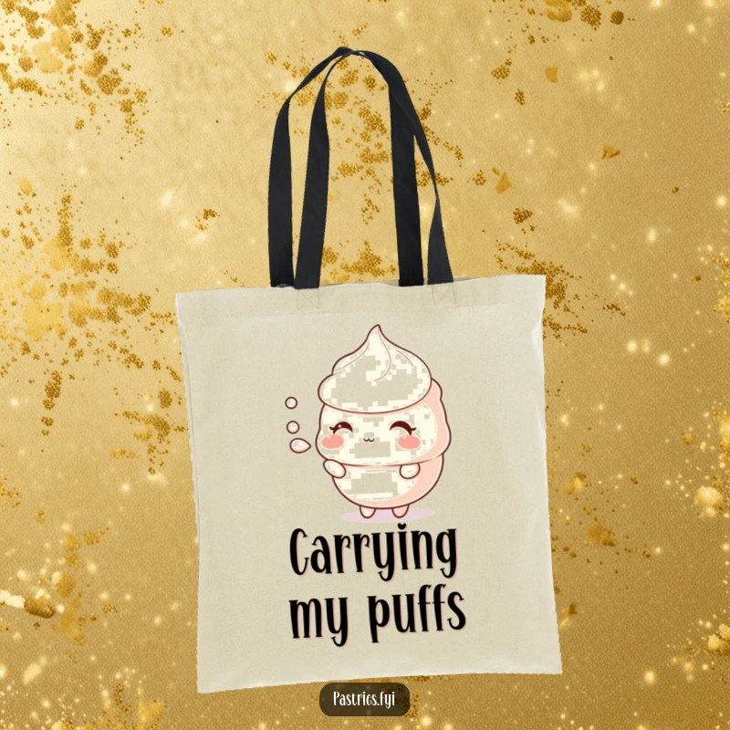 Funny meringue tote bag with a shy character offering a puff of air, perfect for carrying items with grace.