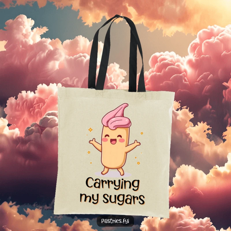 Funny churro tote bag with a shimmying character dusted in cinnamon sugar, perfect for carrying items with flair.