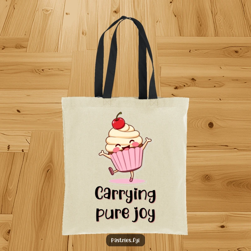 Funny cartwheeling cupcake character tote bag, smiling and energetic, ready for any adventure.
