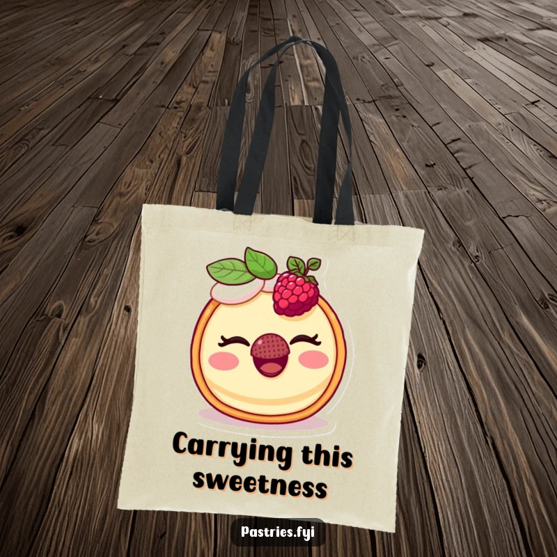 Funny tote bag featuring a happy tart character winking and balancing a raspberry on its nose, perfect for daily use.