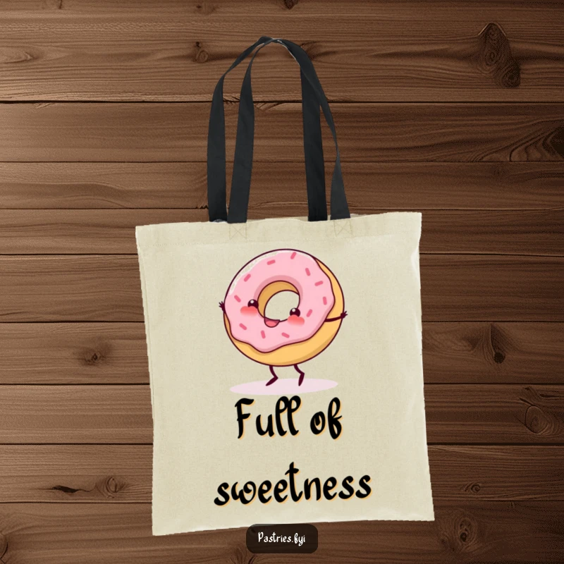 Funny Tote Bag showcasing a delighted donut with small legs performing a happy cartwheel, mid-spin.