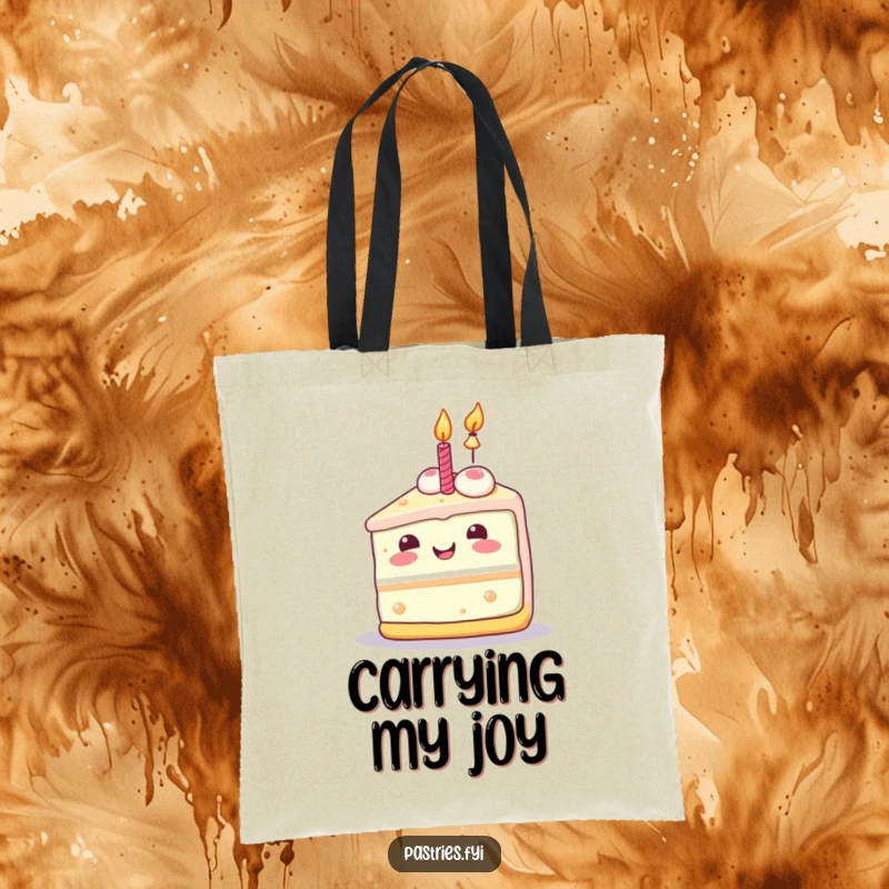 Funny cake slice tote bag with a joyful Kawaii character and lit candle, great for carrying party supplies.