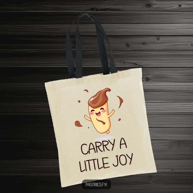 Funny tote bag with a delighted churro character, coated in chocolate, gleefully twirling around.