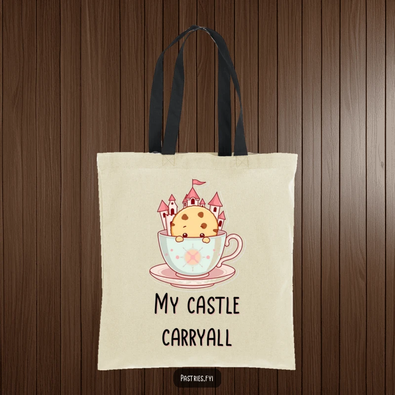Funny Cookie Tote Bag: A curious cookie peeks from a giant teacup castle, making this a charming accessory.