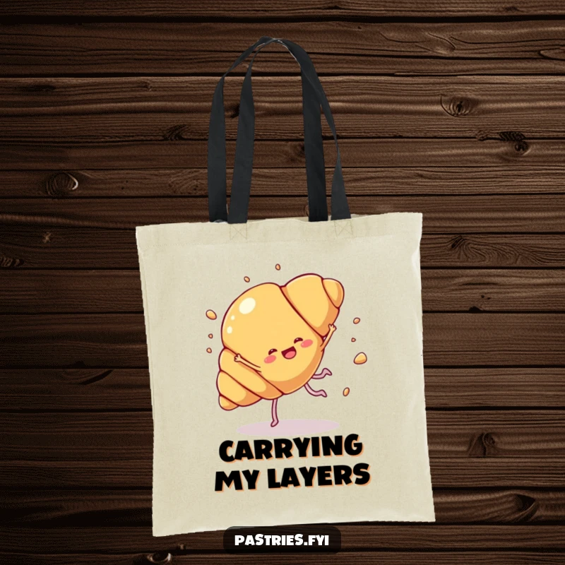Funny croissant cartwheel tote bag with a croissant character doing a joyful cartwheel, with pastry flakes flying, for humorous everyday use.