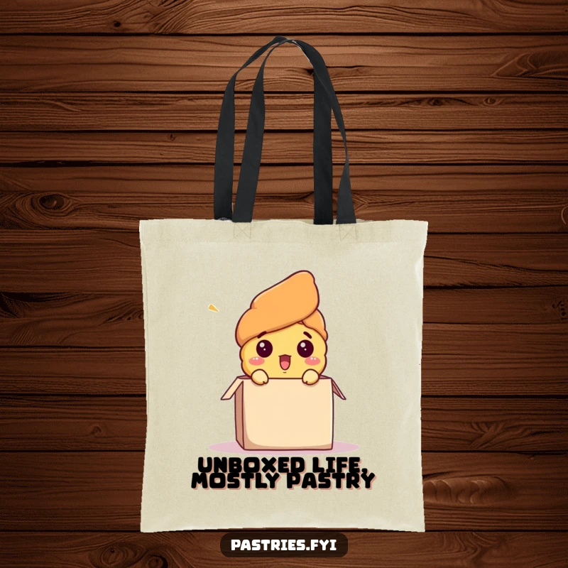 Funny tote bag design showing a surprised croissant character comically emerging from a box, ideal for shopping and travel, a funny gift.