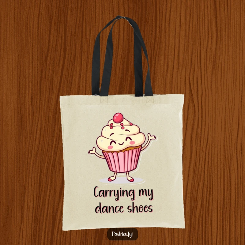 Funny Tote Bag featuring a smiling cupcake character doing a joyful jig, ideal for shopping and carrying essentials.