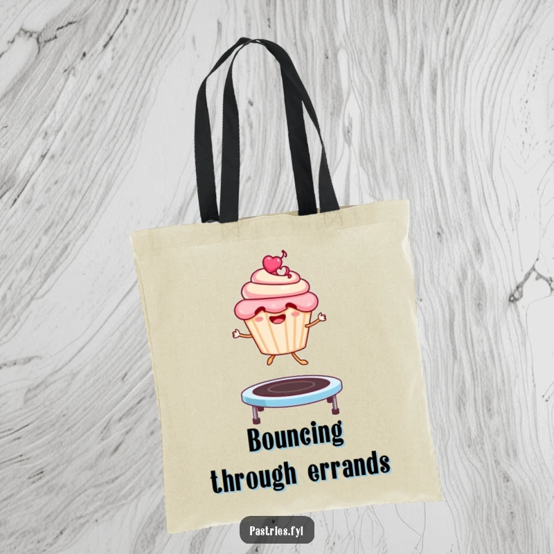 Funny Tote Bag: A smiling cupcake character gleefully jumping on a trampoline, perfect for carrying everyday items with a smile.