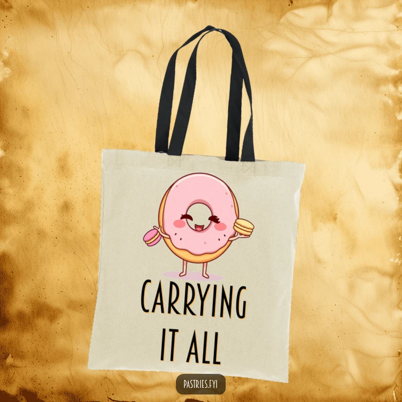 Funny Tote Bag: A winking donut character attempting to juggle three tiny macarons, practical for errands and stylishly humorous.