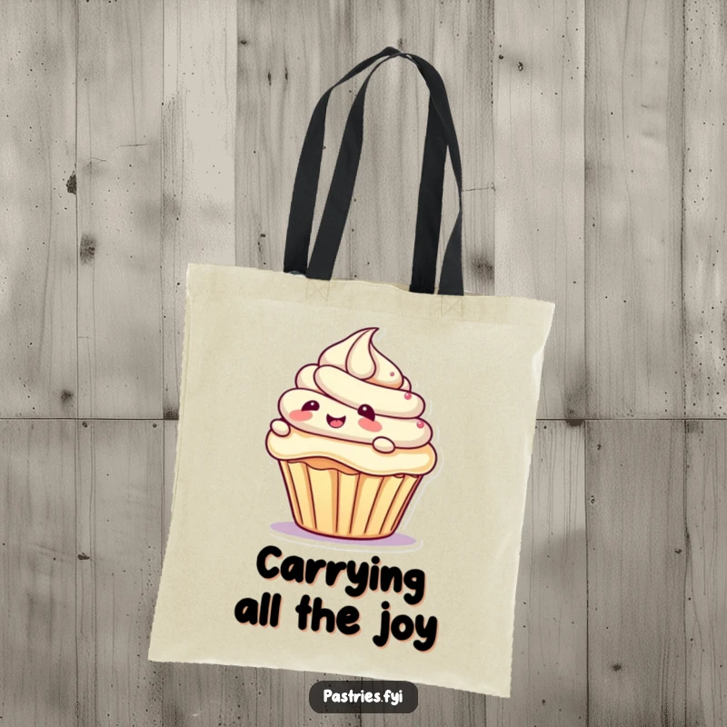 Funny tote bag design with a giggling cupcake character sliding on a swirl of frosting, perfect for shopping or carrying daily essentials, a funny gift.