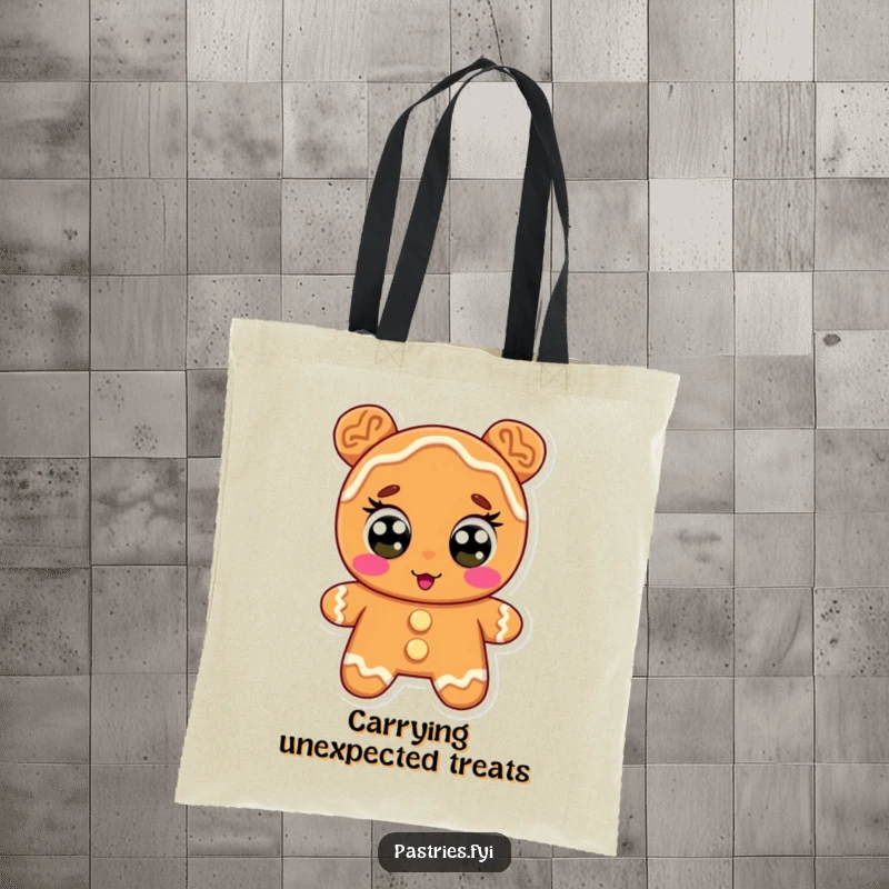 Funny tote bag with a surprised gingerbread cookie character, icing eyes wide, perfect for carrying goodies with a comical expression.