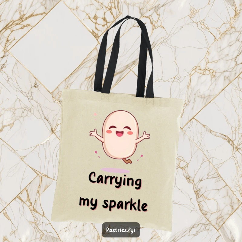Funny macaron character in a pirouette, leaving a sugar trail, on a chic tote bag. A stylish and humorous accessory.